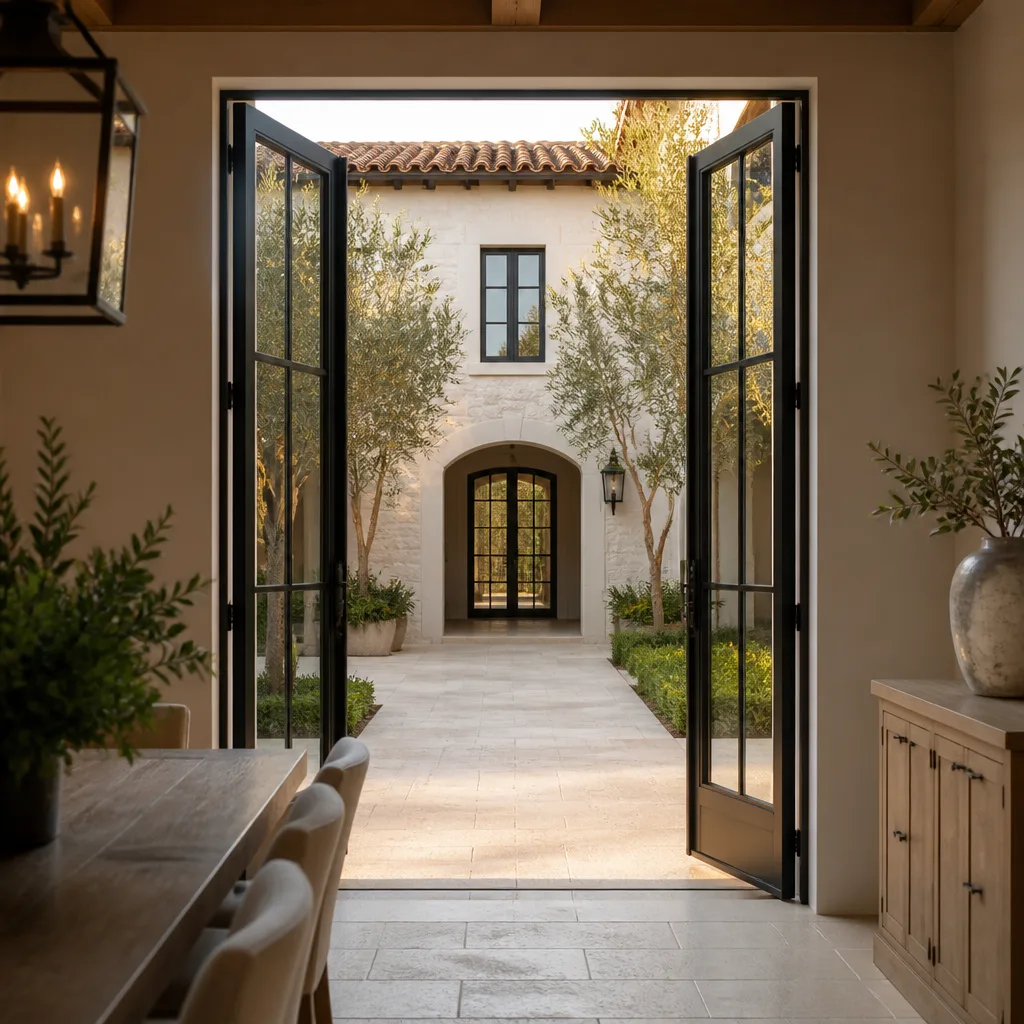 Custom black steel French door installation opening to a stone courtyard