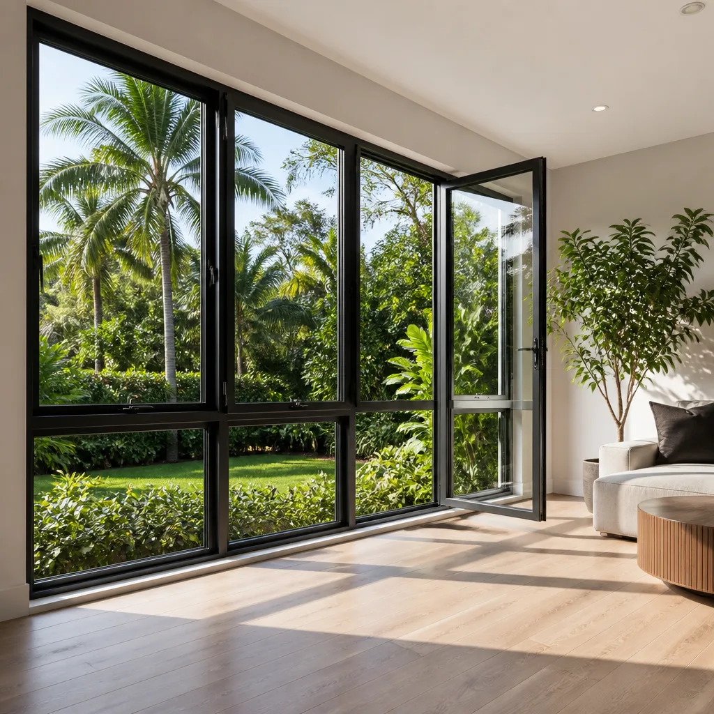 Modern black-framed window and door installation with tropical garden view