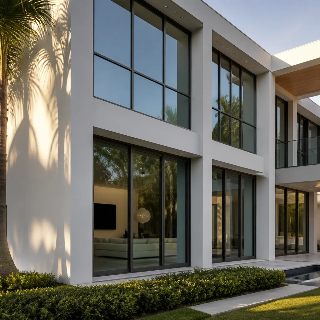 Modern luxury home featuring high-end panoramic window and glass door installation.