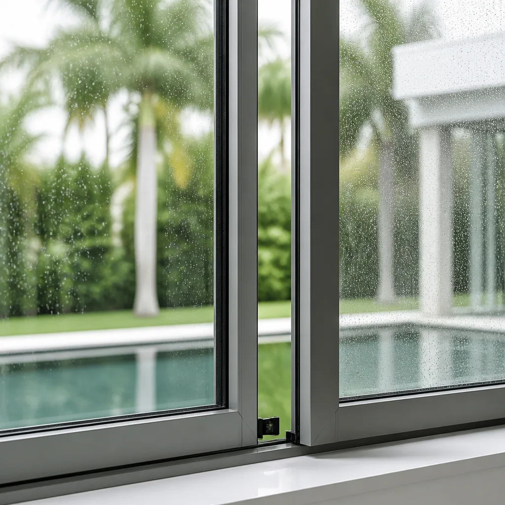 Modern sliding window installation with a rainy backyard pool view